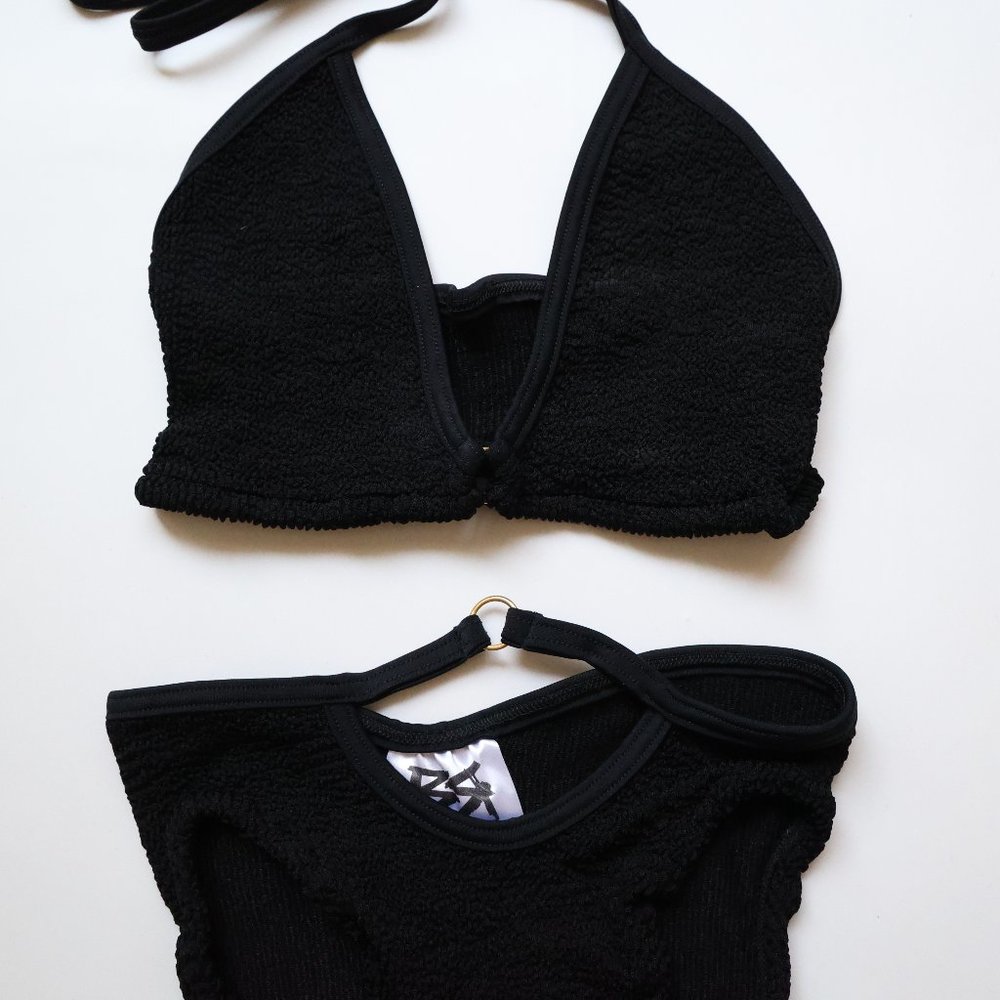 Boho Rose Black Two Piece Bikini with Gold Ring Accents - Size M or L